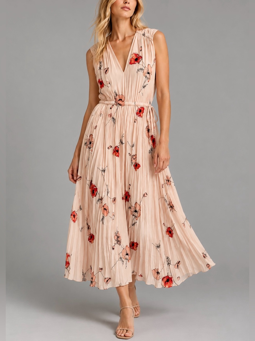 Vince. Pale Blush Tossed Poppy V-Neck Pleated Midi Dress S Pale Blush Pink
